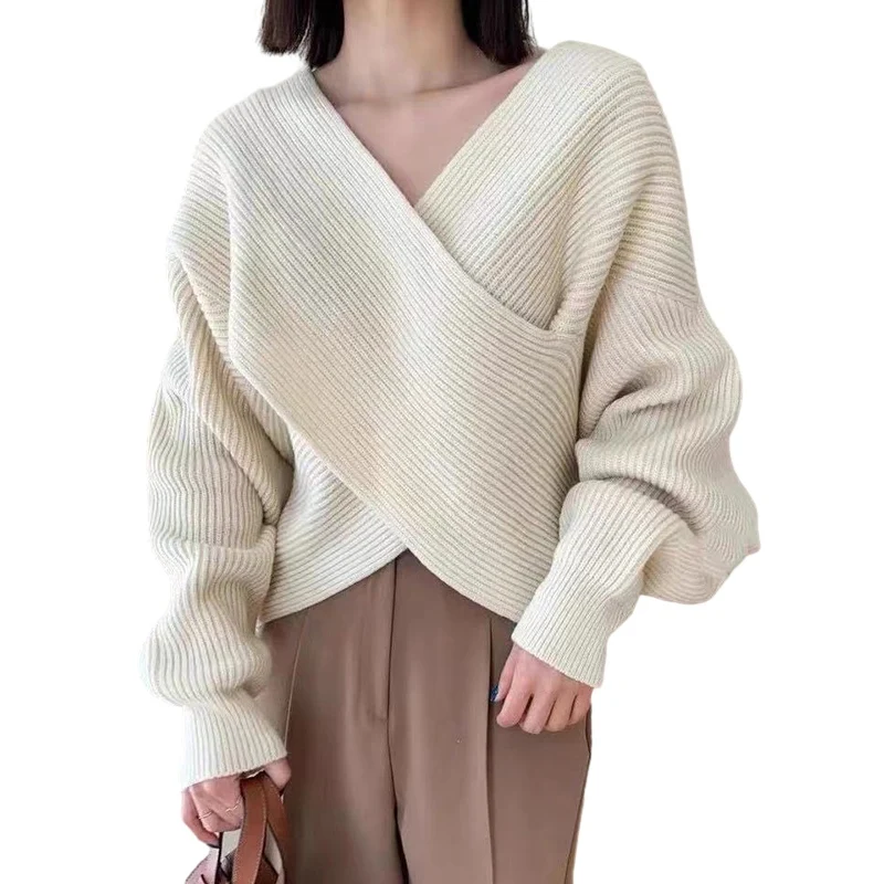 Winter Women\'s Sweaters Thickened Loose Sweaters Casual Sweaters Knitted Solid Color Crossover Minimalist