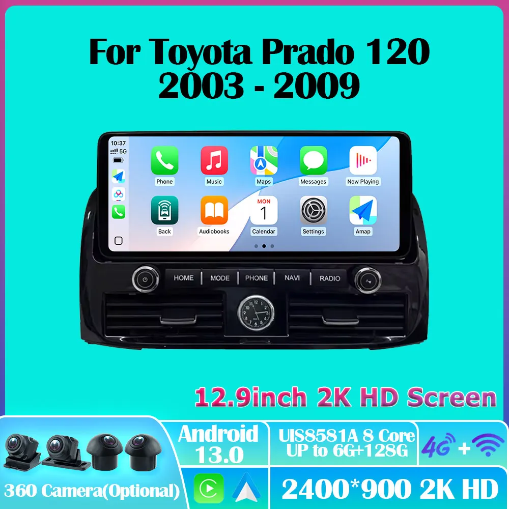 12.9inch Android 13 Car Radio For Toyota Prado 120 2003 -2009 Carplay Autoradio Multimedia Player Stereo GPS Navigation Auto 5G