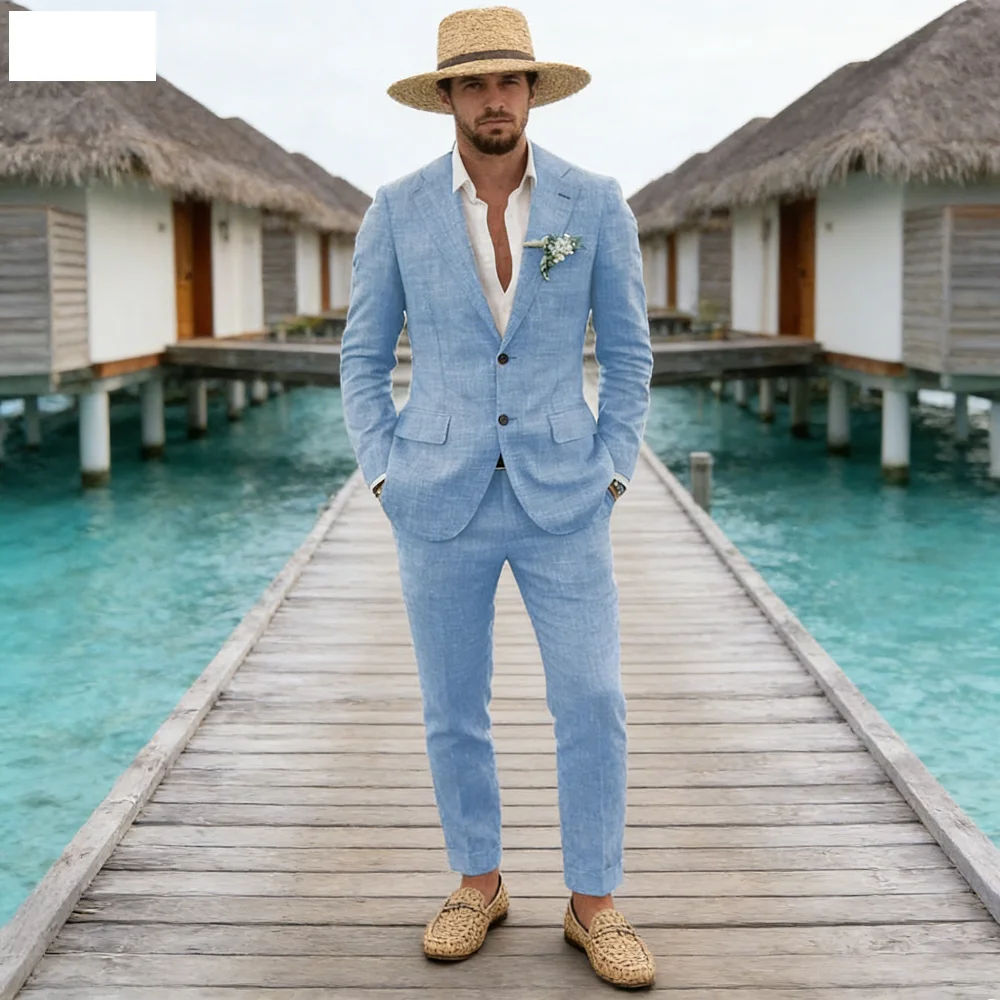 

Terno de linho casual masculino, 2 peças, blazer, calça, conjunto slim fit, verão, praia, festa, casamento, baile, noivo, smokin