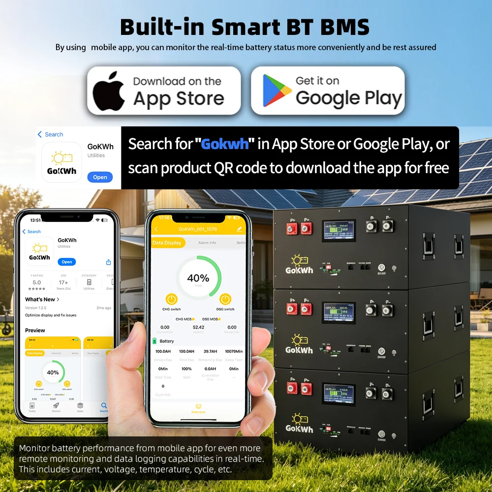 16KWH Lifepo4 48V 320Ah Battery Grade A Prismatic Rechargeable LFP Cells 8000 Cycle Built-in 16S 200A BMS 2A Active Balancing APP Mornitoring With Touch LCD Screen Max.16 Unit In Parallel For Solar Energy Storage Home Energy Storage US Local Fast Delivery