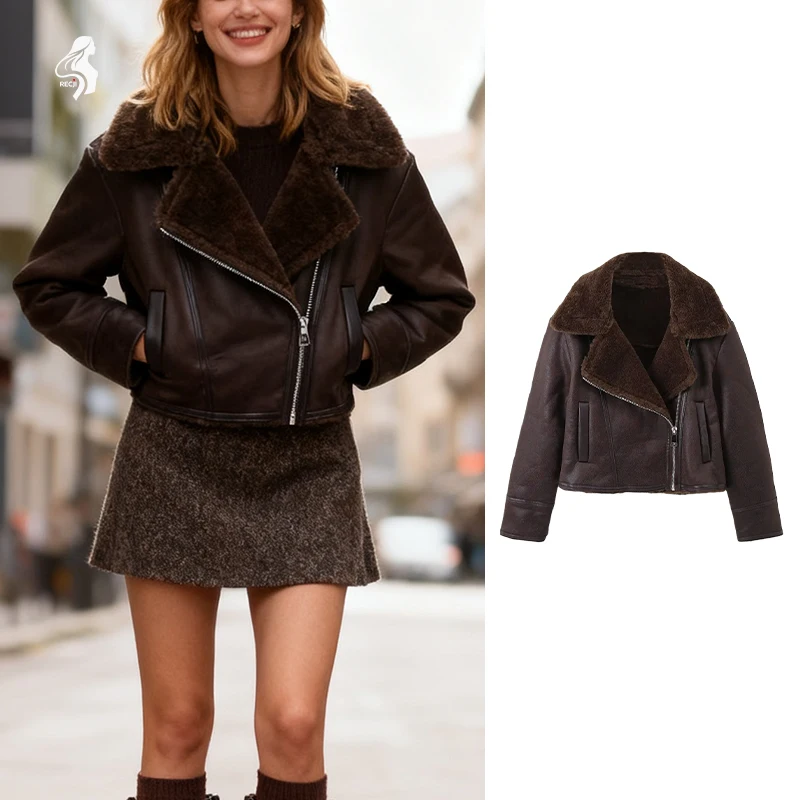 

Woman Clothes Retro Motorcycle Jacket For Women Lambswool Large Lapel Short Asymmetrical Zipper Commuter Warm Leather Jacket