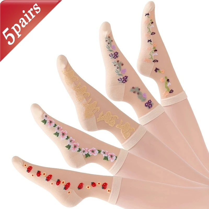 

5 Pairs Women's Socks Spring Summer Thin Breathable Soft Comfortable Non-slip Middle Tube Socks Floral Embroidery Silk Socks