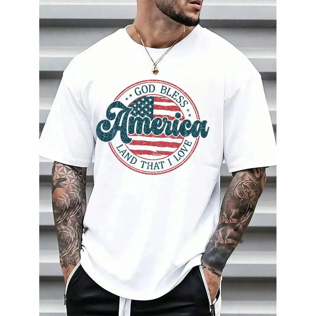 

God Bless America Patriotic Graphic T-Shirt Men’s Cotton Tee for 4th of July, Memorial Day or Veterans Day