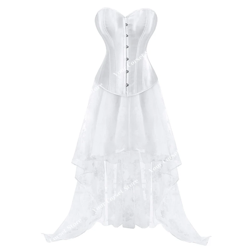 Vestido de corsé de talla grande para mujer, corpiño victoriano, falda larga, conjunto de corsé de boda, traje burlesco, vestido de novia, vestido de corsés blanco