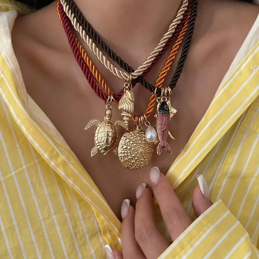 Ethnic Style Resin Flower Pendant Necklace Necklace Set Hip Hop Nylon Rope Necklace Jewelry Accessories Marine Organism Charms