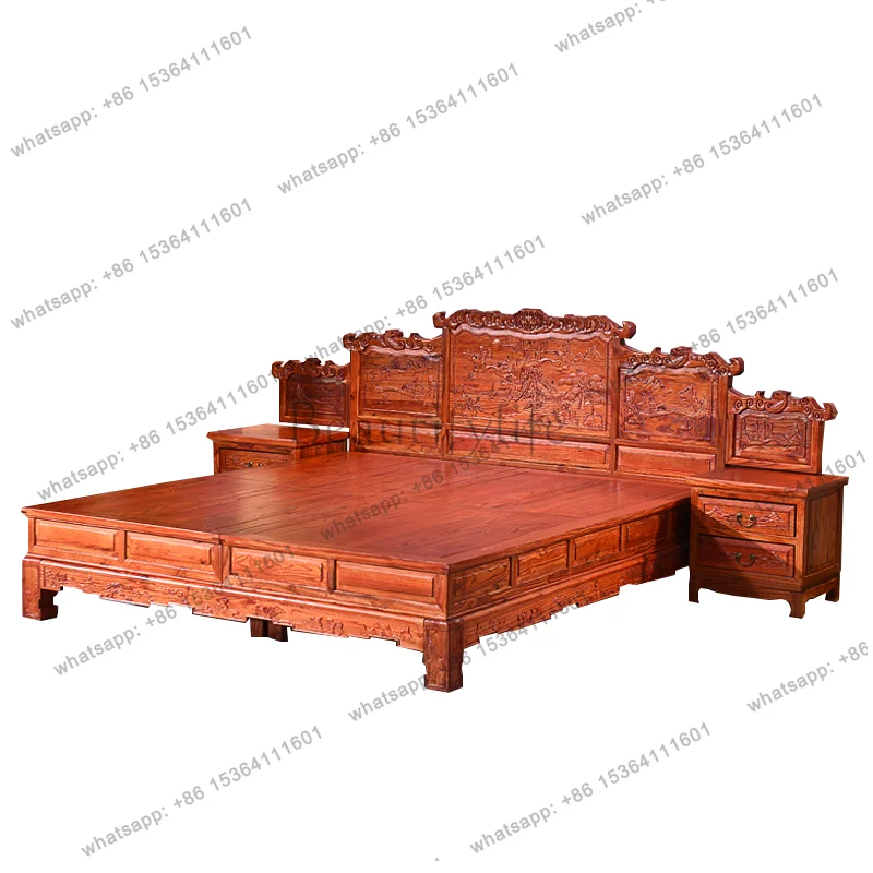 Antique Chinese classical solid wood furniture landscape carving big bed solid wood