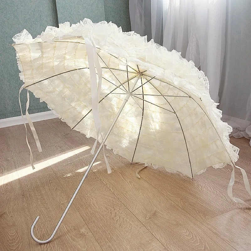 

umbrella female European retro court style arched curved handle straight rod pink fringed princess long-handled umbrella