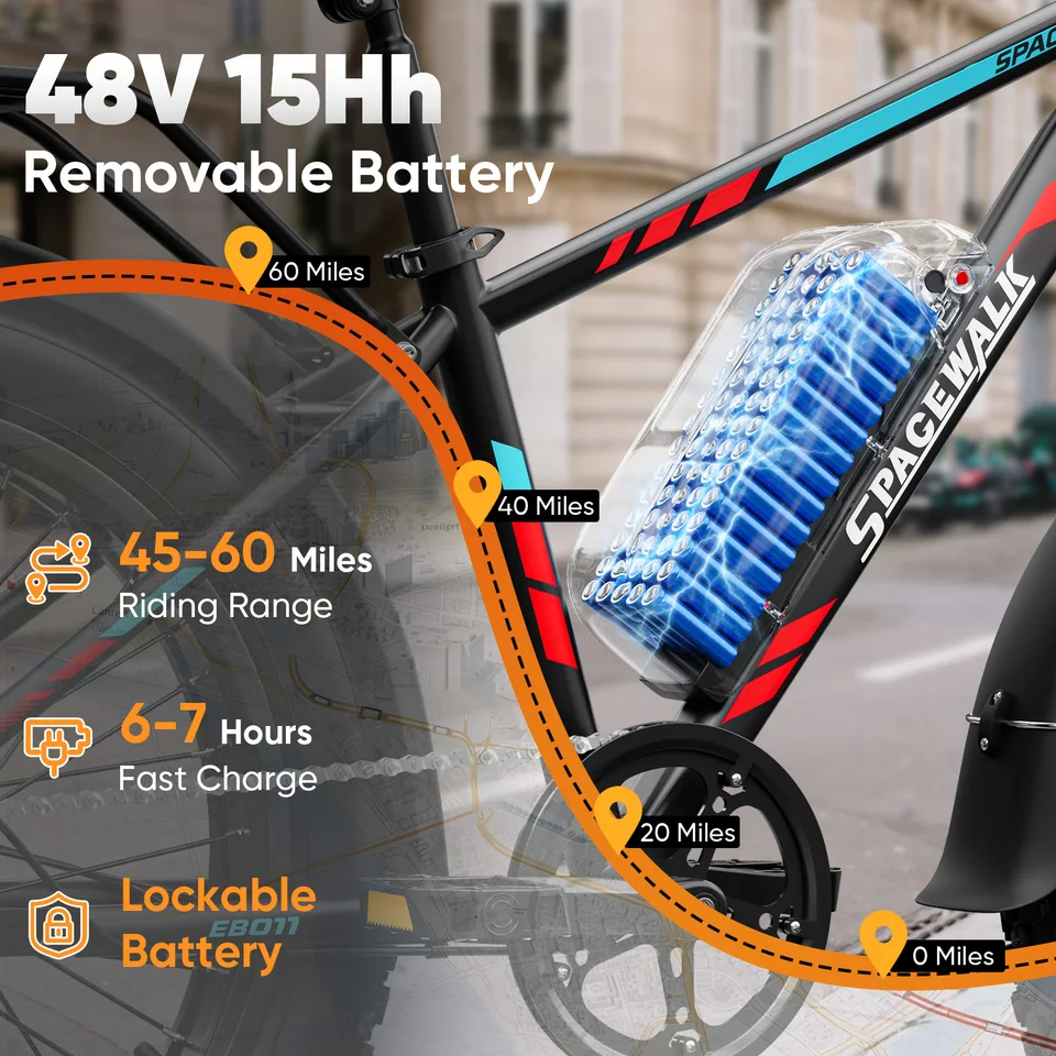 Spacewalk 1500W Peak Electric Bike for Adults, 48V 15Ah Removable Battery Fat Tire Ebike, 28MPH High Speed Long Range 60 Miles Electric Bicycle, 26×4.0 All Terrain Mountain E Bike with LCD Display & 7 Speed Gear image 5