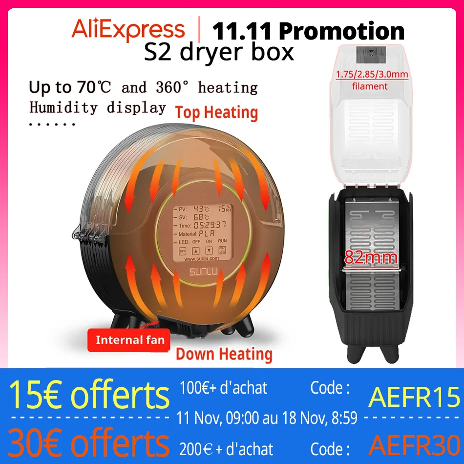 SUNLU S2 Boîte de séchage avec mise à niveau du ventilateur Boîte sèche de filament 3D 82 mm MAX70 ℃   360 °   Réglage de l'heure du écran tactile LED d'affichage de l'humidité de chauffage