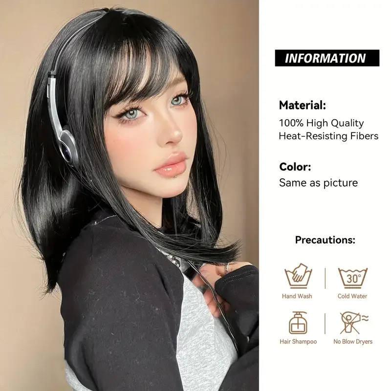 Black Straight Synthetic Wigs With Bangs Short Black Fake Hair Natural Wigs for Women Lolita Daily Heat Resistant Fiber Wig