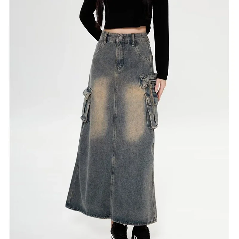 LIBIELIY 2025 Women Y2k High Waist Denim Ankle Length Cargo Skirts Girls Robe Cool Wrap Dress Female Retro Blue A Line Long Jea