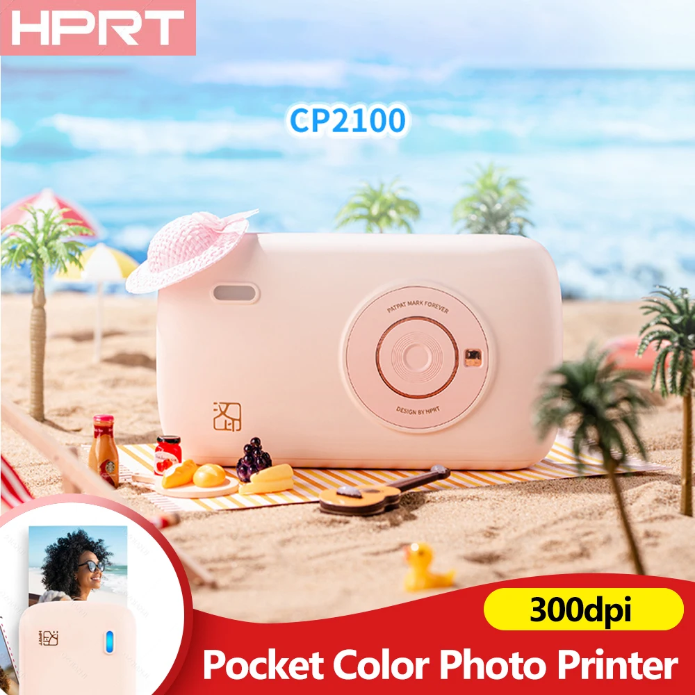 300dpiポケットカラーフォトプリンター ミニBluetooth DIY共有写真 旅行 家庭用 HPRT CP2100 マシン & 2x3インチ用紙 リボン
