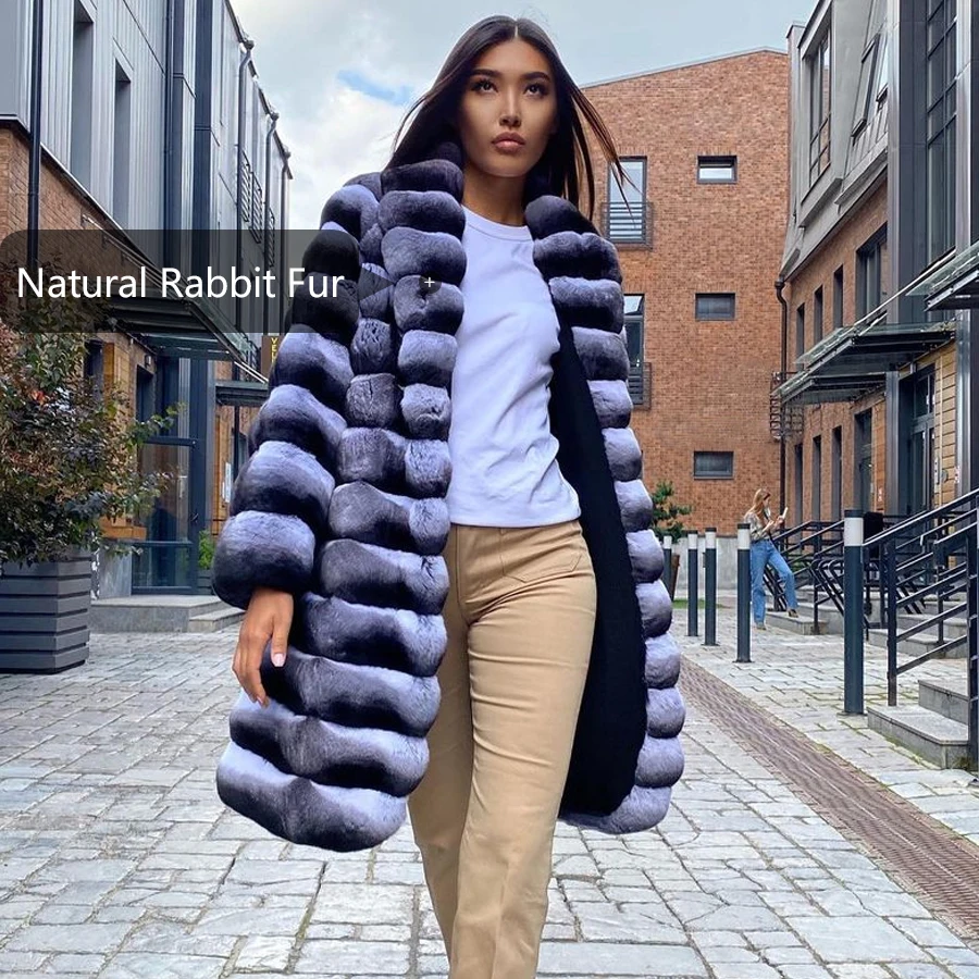 Manteau en vraie fourrure de lapin pour femme, vêtement d'hiver mi-long, veste en fourrure de lapin Rex naturelle, mode luxe, nouvel arrivage 2024