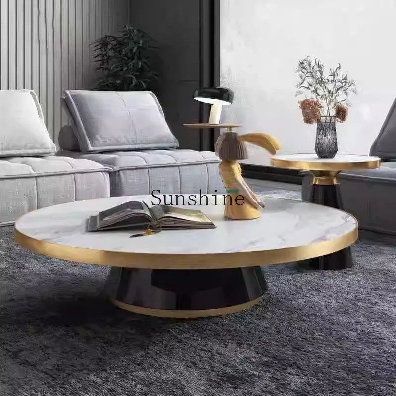 

Pure handmade light luxury furniture modern simple size round rock slab coffee table combination, household