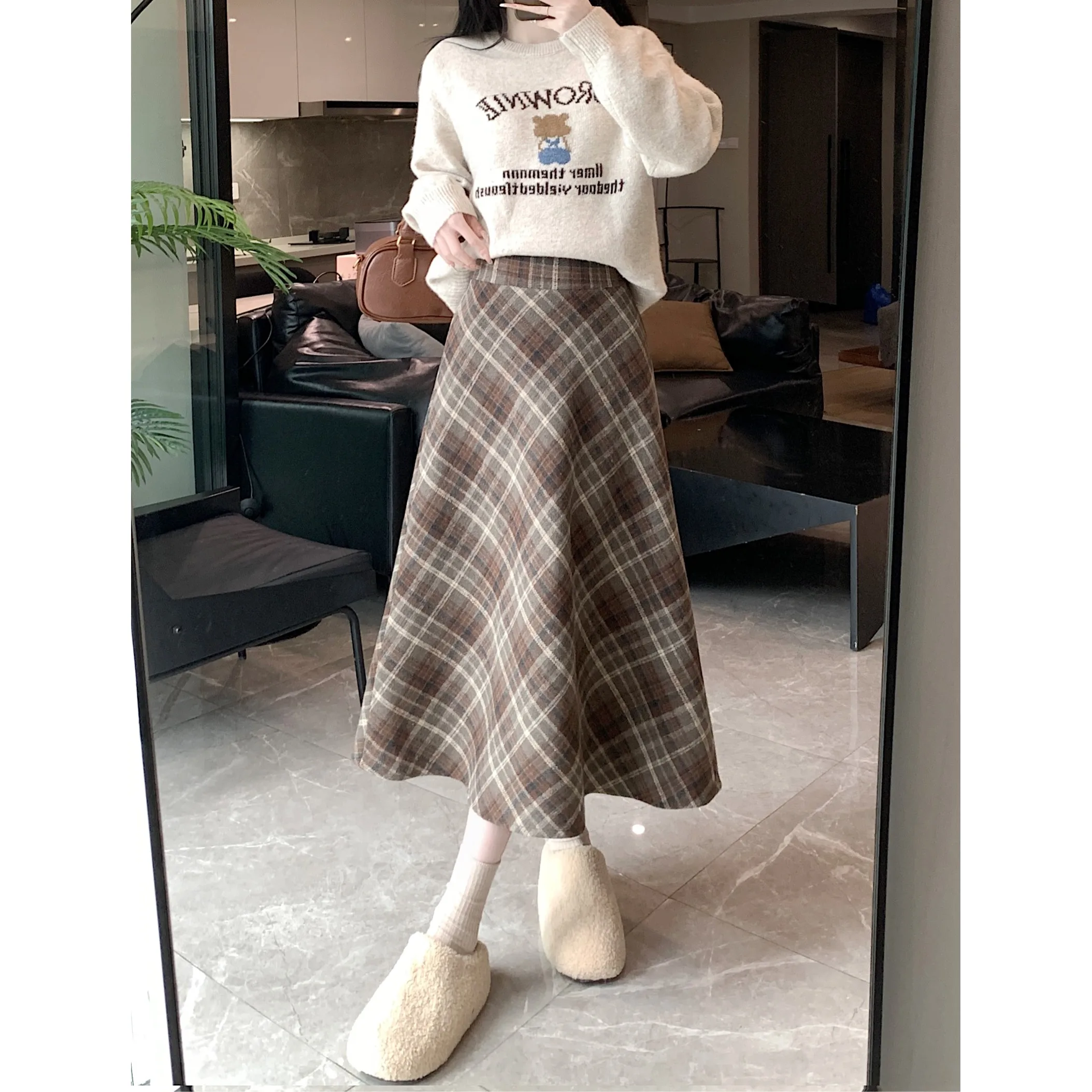 plus Size Winter High Waist Plaid Midi Skirt Women's Korean Style Woolen A-Line Half-length Skirt Fashionable And Slimming