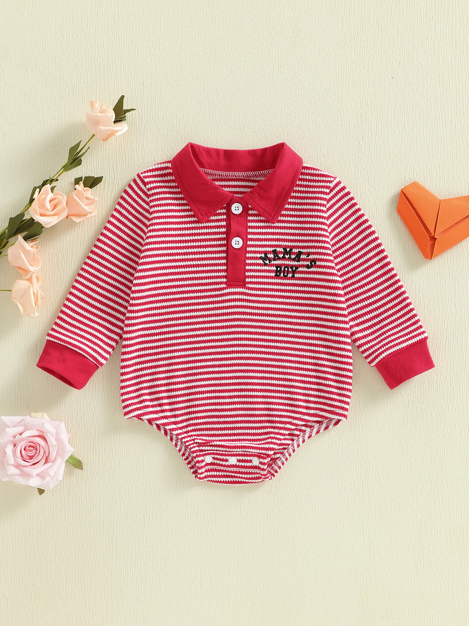 

Stylish Baby Boy Striped Romper with Collar and Embroidered Letters Long Sleeve Jumpsuit for Trendy Infants