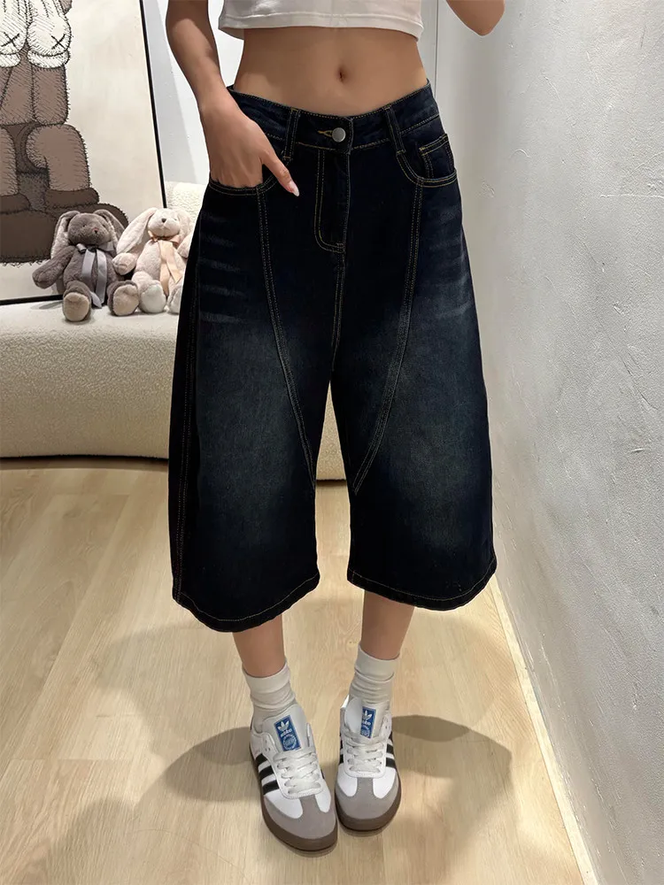 Summer Women's Alphabet Embroidery Pattern Denim Shorts High Waist Pants Girls Calf-length Trousers Female Wide Leg Streetwear