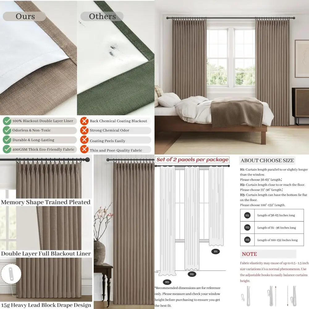 

Pinch Pleated Linen Curtains, 86 Long, 2-Panel Set, Insulated, Sound Absorbing, Dark Brown, Light Blocking for Classroom