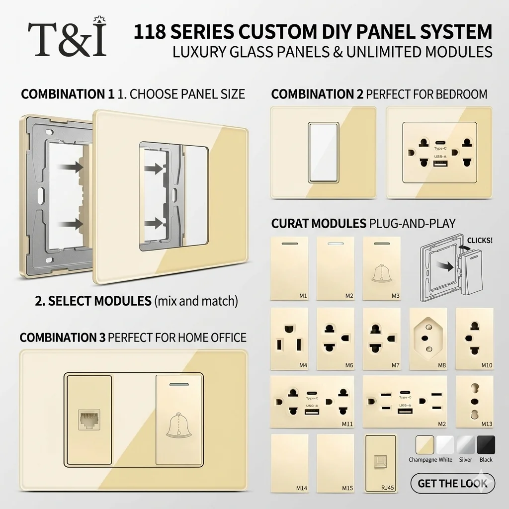 118 Series DIY Wall Switch Socket Glass Panel Custom Module Function Key USB Type-C Italian American Israeli Outlet 1/2/3 Gang