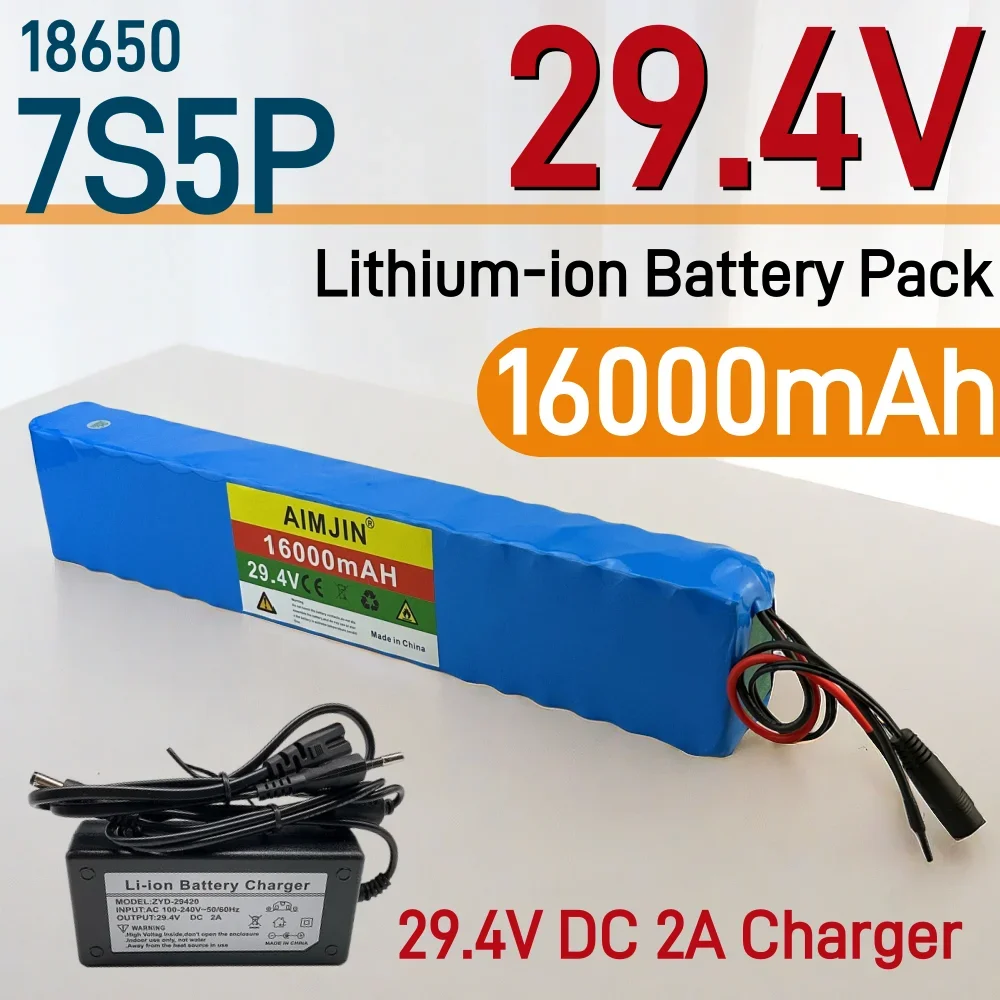 

18650 7S5P Lithium-ion Rechargeable Battery Pack 24V 16000mAh Built-in BMS Suitable for Electric Scooters + 29.4v DC 2A Charger