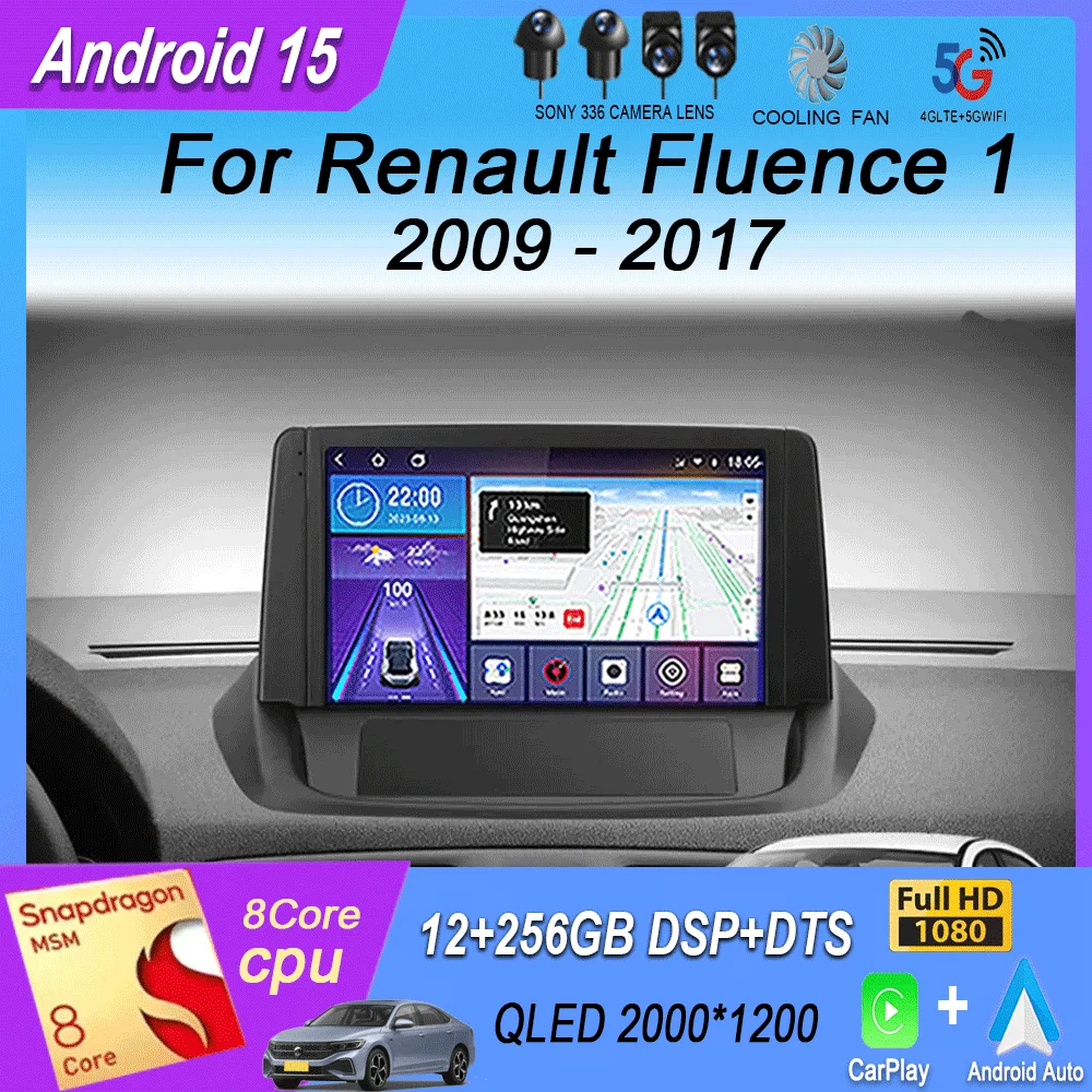Android 15 For Renault Fluence 1 2009 - 2017 Multimedia Monitor Carplay Auto WIFI Navigation Player Video Stereo GPS Radio QLED