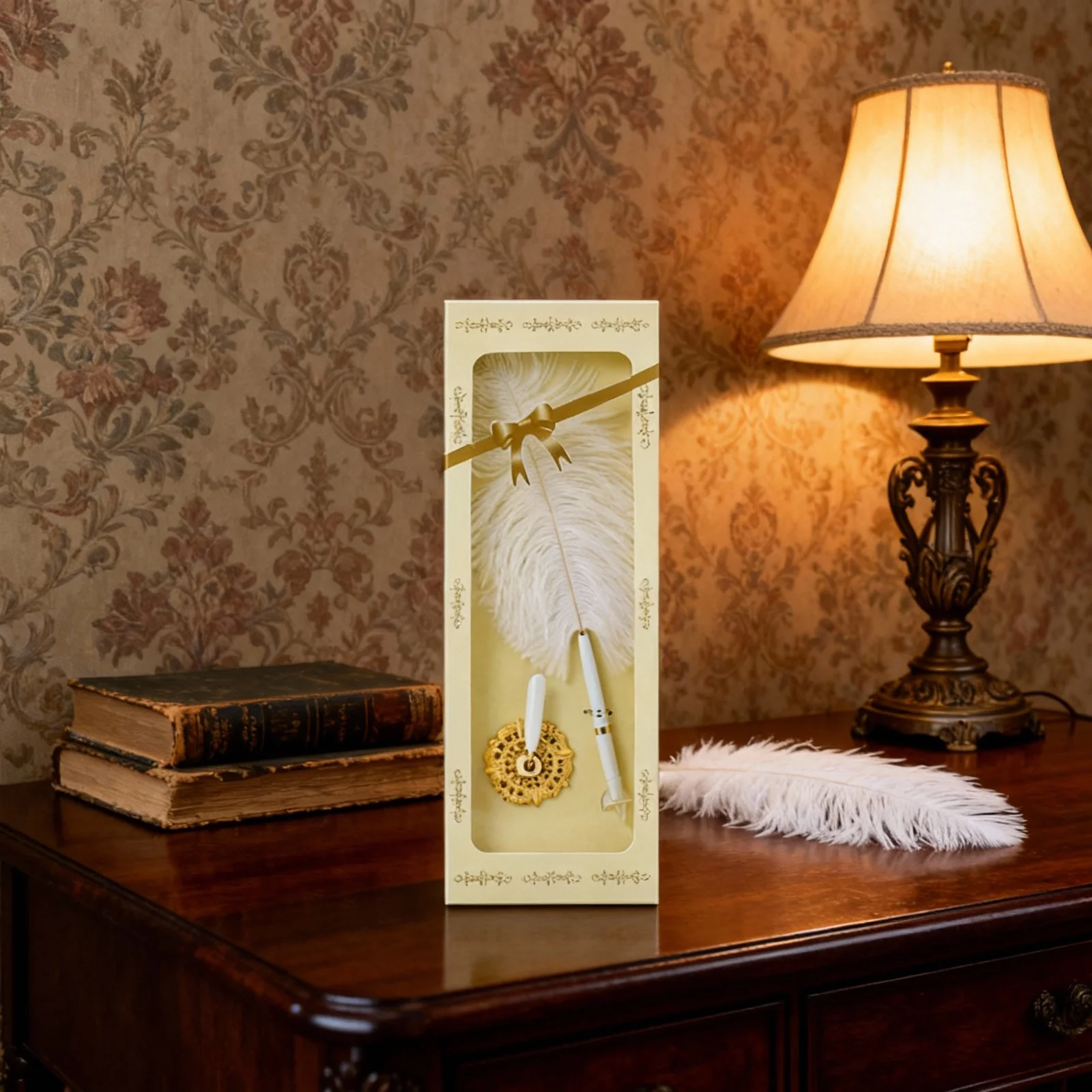 

Sign-In Gift Box Unique Design Quill Guest Pen For Wedding Reception Ostrich Long Signing Pen Metal Stand