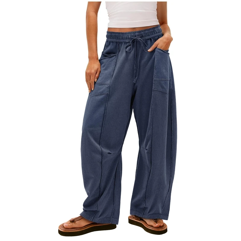 Women's Loose Wide Leg Pants Casual Summer Drawstring Elastic Waist Pockets Line Decoration Sweatpants