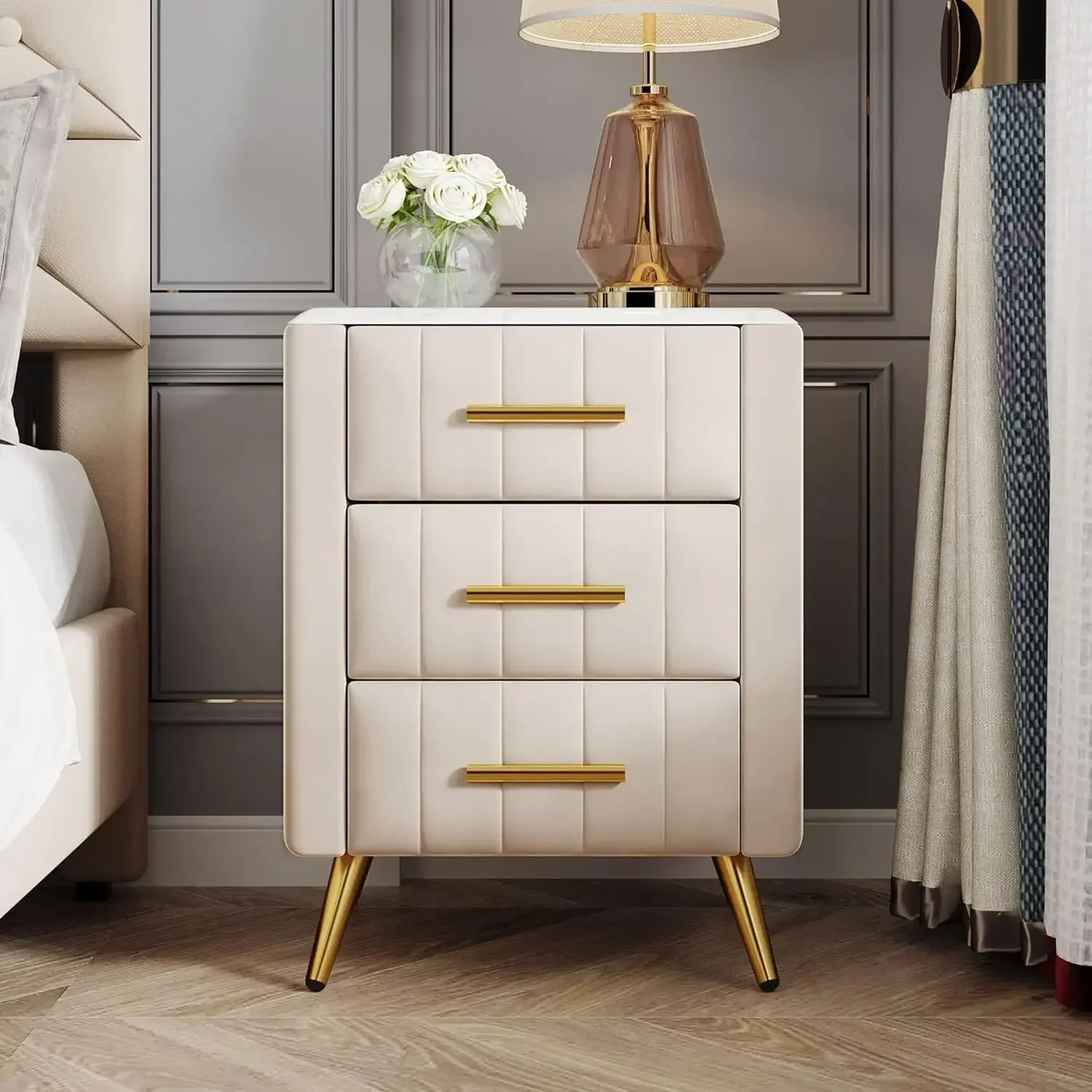 Modern Wooden Nightstand with 3 Drawers and Metal Legs&Handles,Velvet Upholstered Bedside Table with Marbling Worktop (Beige-01)