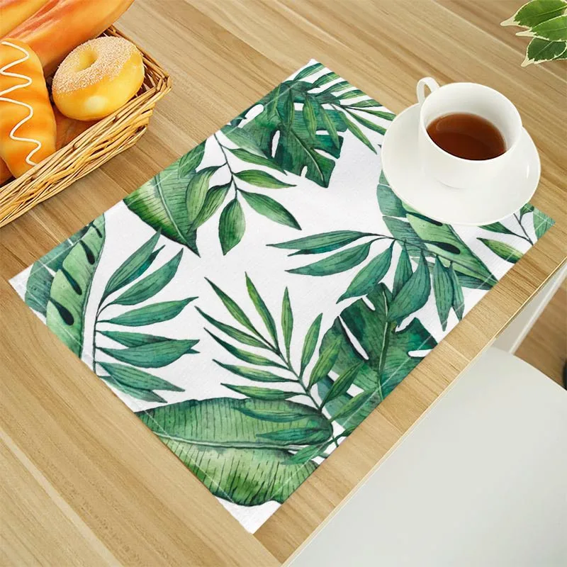 Tropical Leaf Print Linen Dining Table Mats Alphabet Kitchen Placemat 30X40cm Coasters Pads Bowl Cup Mat