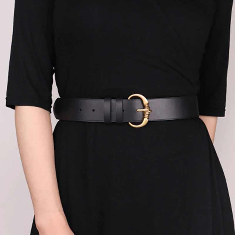 Classical Golden Pin Buckle Belt Women Cow Skin Vintage Style Suit or Dress Ladies Waist Wearing Ornament Black