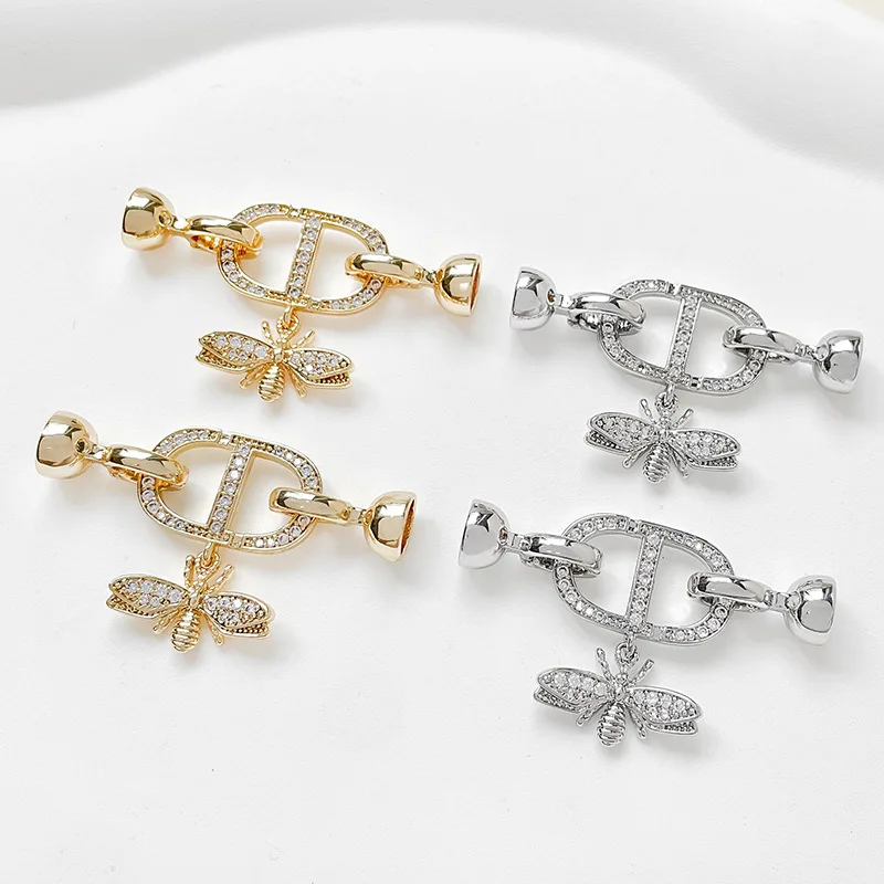 1pc Copper Plated Gold Inlaid Zircon Japanese Bee Pendant Pearl Buckle Diy Bracelet Necklace Beaded Jewelry Accessorie Wholesale