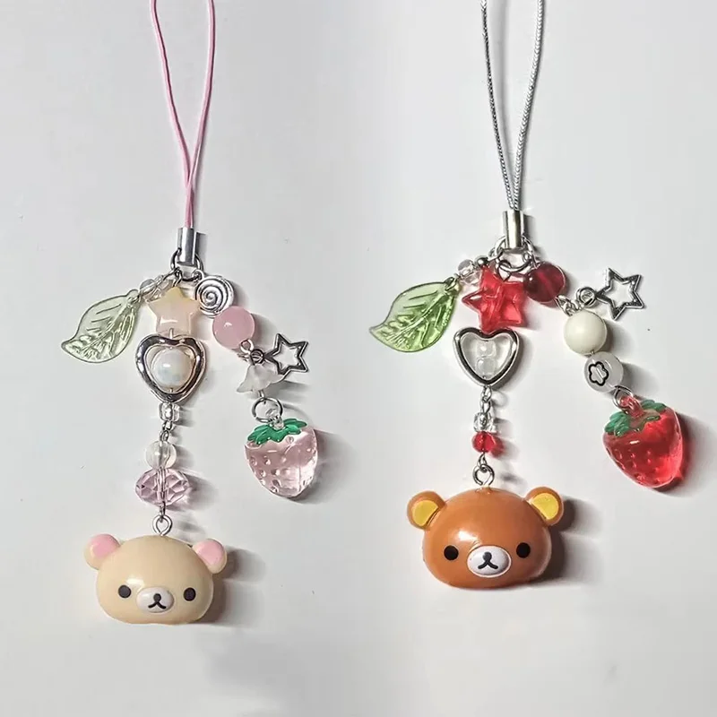 Korean Cute Strawberry Bear Heart Beaded Phone Chain Charm Lanyard For iPhone Samsung Universal Anti-Loss Hanging Rope Jewelry