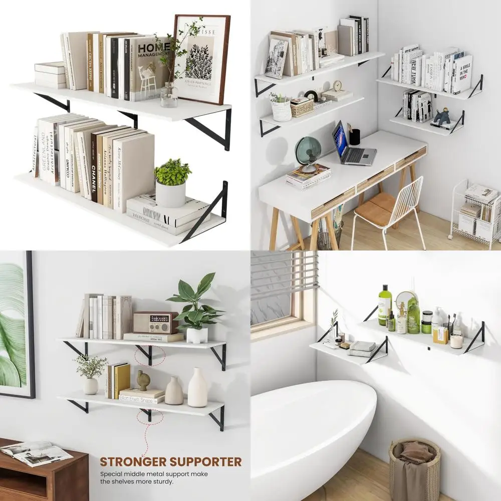 

Pair of 36 Wide White Floating Shelves, 12 Deep, for Home & Office, with Black Brackets