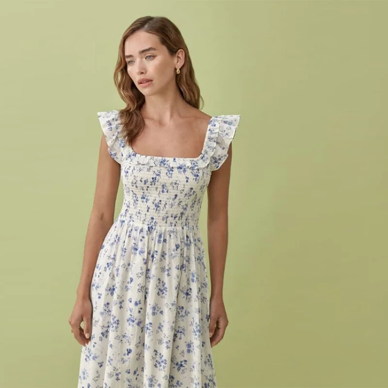 

Spot GoodsN668Summer2025Small Floral Square Collar Stretch Slim Cotton Flying Sleeve Mid-Length Dress Women