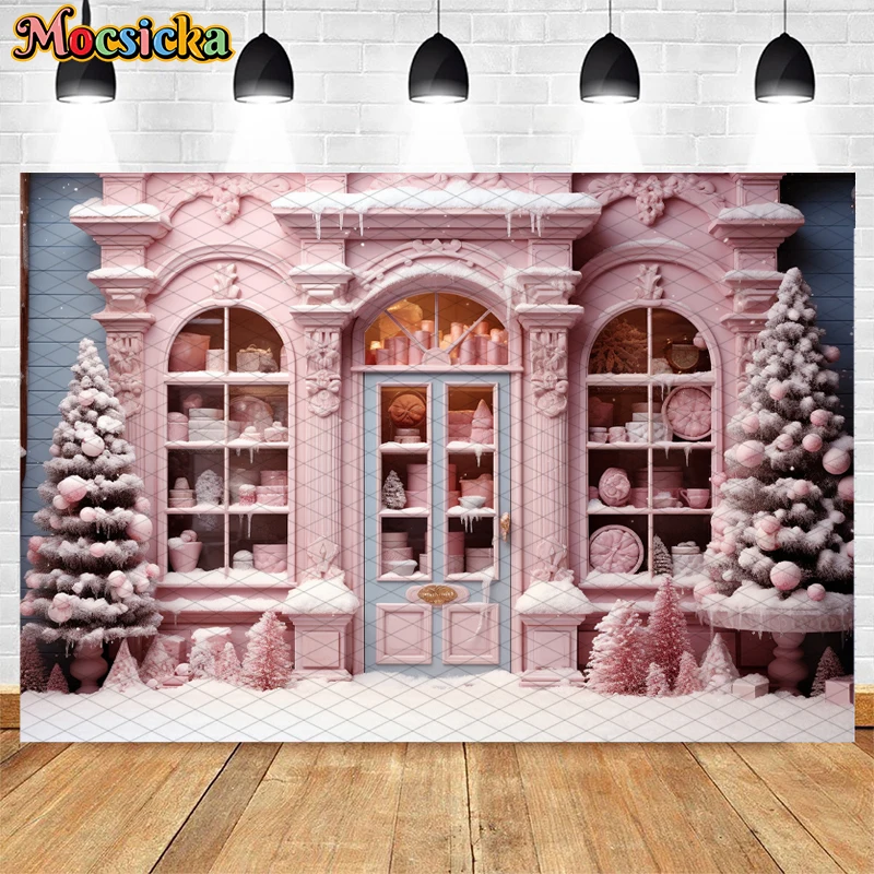 Mocsicka-Arrière-plan de photographie de magasin de bonbons d'hiver, toile de fond de portrait d'enfants, décor de fête d'anniversaire, arbre de Noël rose, décor de neige