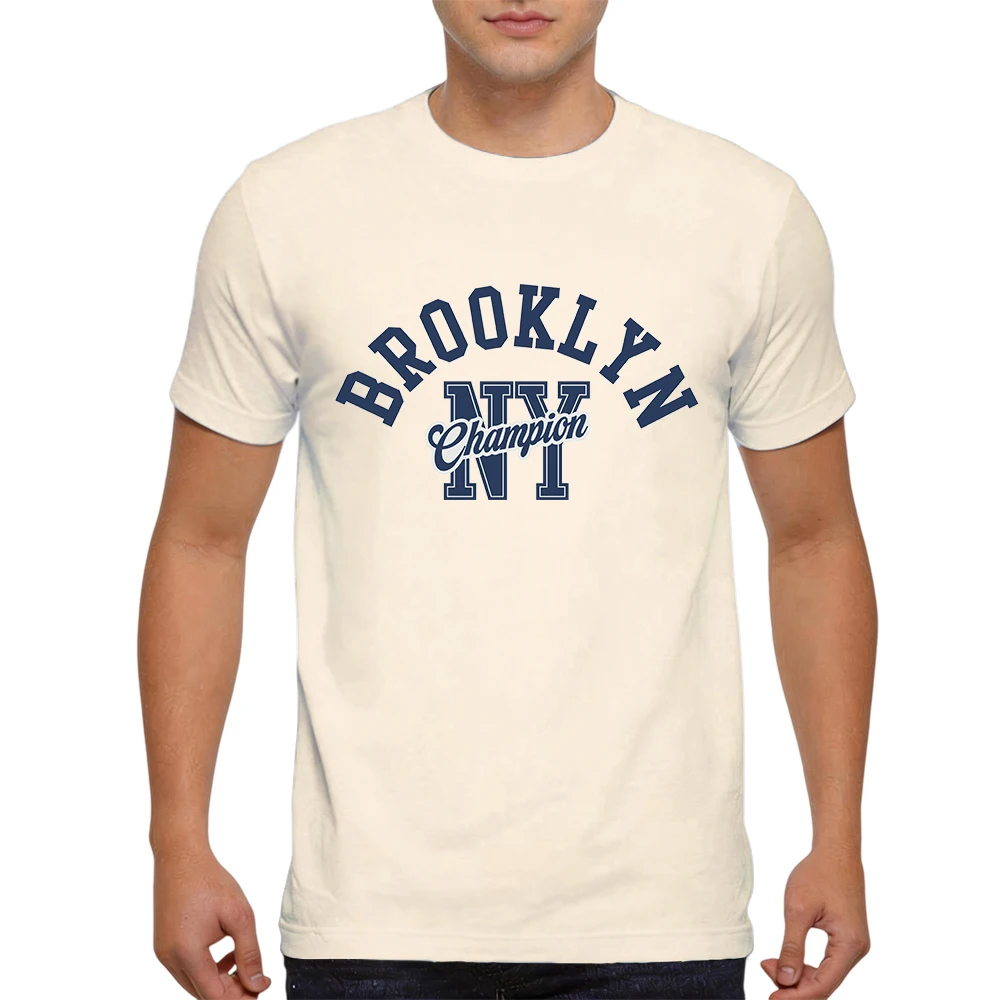 Mens 100% Cotton T Shirt Brooklyn NY Champion Curved Vintage Block Letter Script Print Breathable Short Sleeve Casual Daily Tee