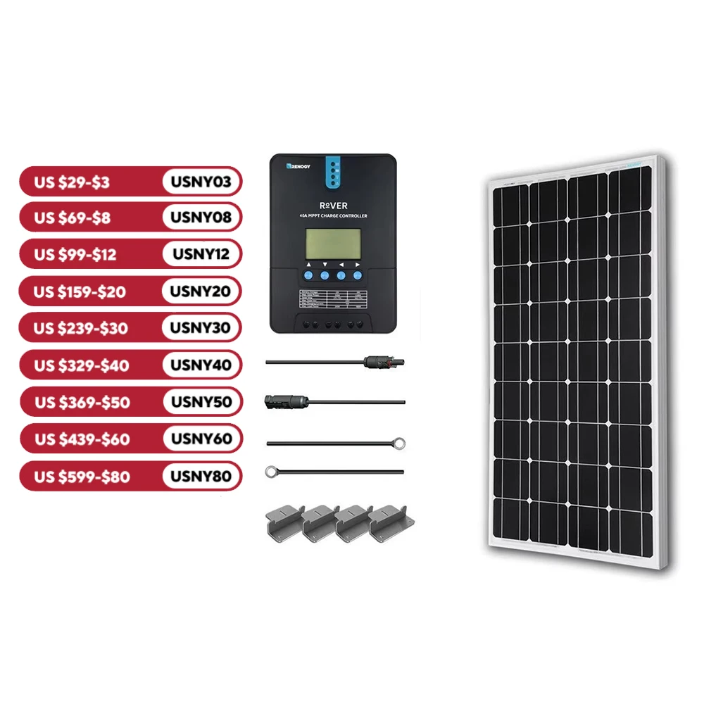 Renogy 100 Watt 12 Volt Monocrystalline Solar Starter Kit with 40A Rover MPPT Charge Controller