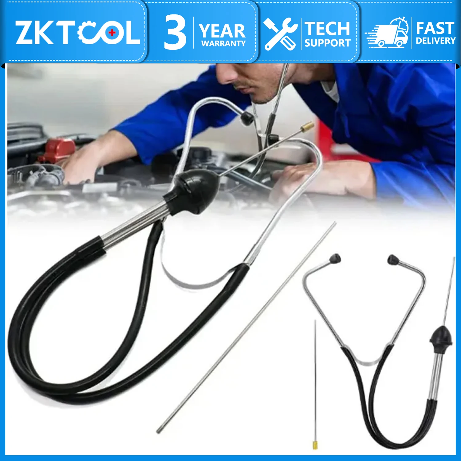 Engine stethoscope monitors engine bearings, motors, chassis, gearboxes, etc. for rust. Simple noisy stethoscope