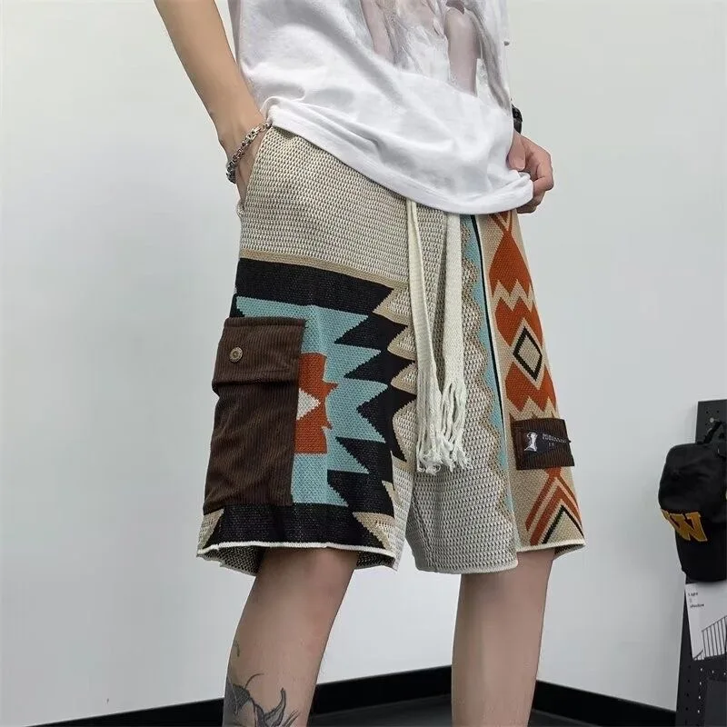 

Men Knit Boho Ethnic Vintage Beach Shorts Male Trendy Hit Color Embroidery Geometry Shorts Knee Length Ins Chic Fashion Shorts