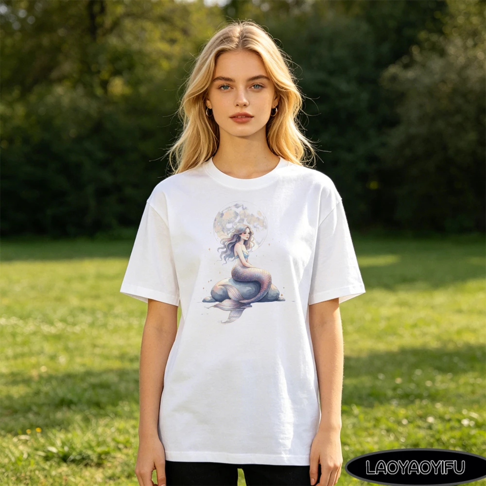 Watercolor Full Moon Mermaid Sitting on Rock Graphic T Shirt Soft Cotton Round Neck Short Sleeve Loose Oversized Tees