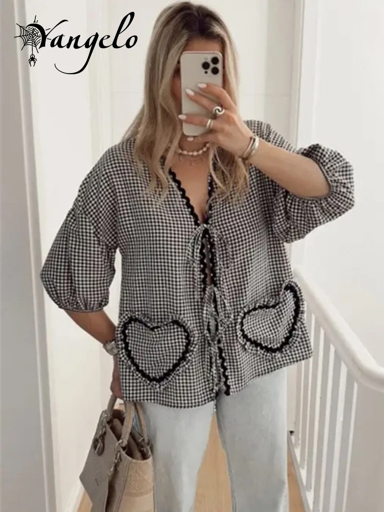 

Женская клетчатая рубашка Yangelo Y2K, Повседневная блузка с длинными рукавами-фонариками, V-образным вырезом и карманами в форме сердца, весна 2024