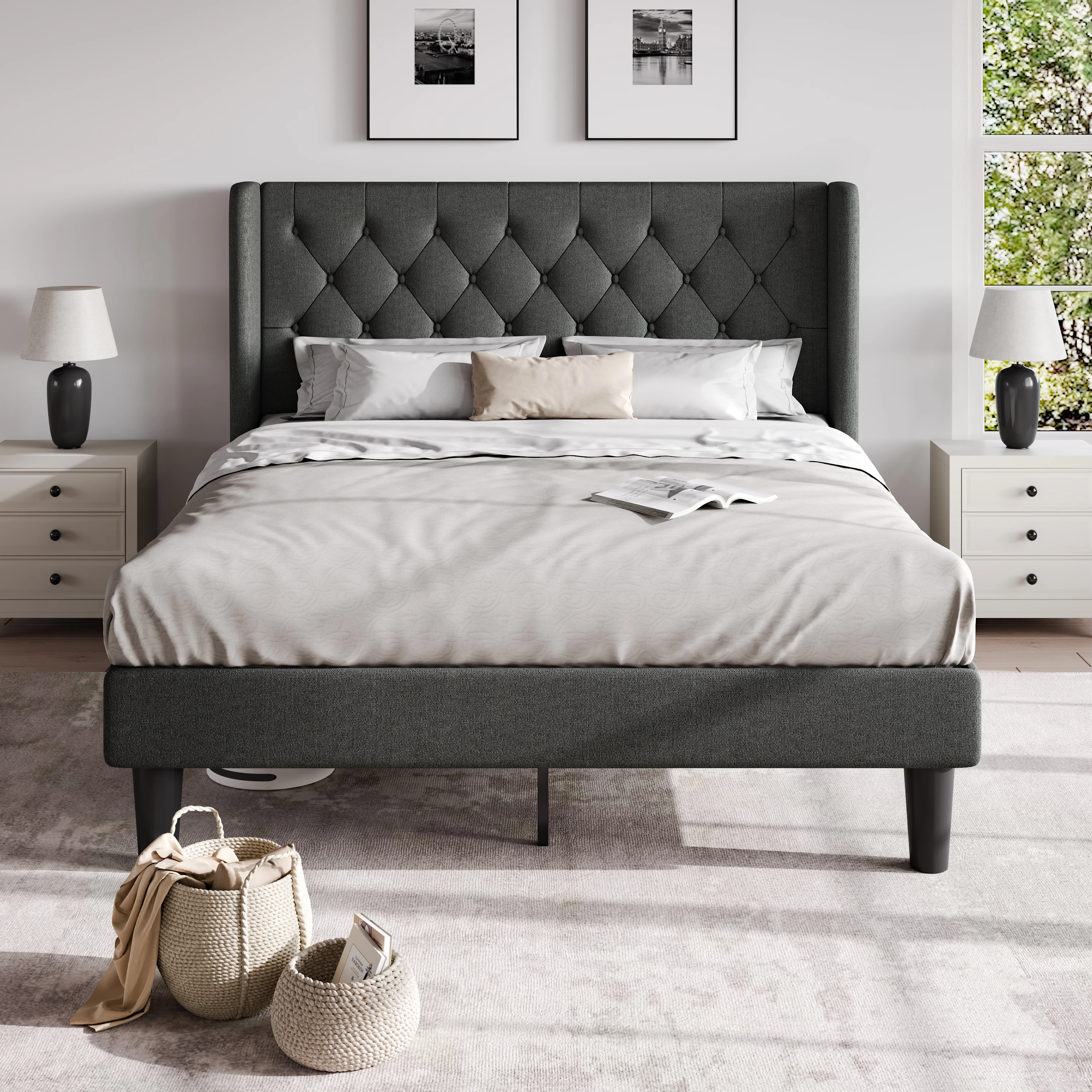 HOOMIC Classic Bed Frame with Button Tufted Wingback Headboard, Upholstered Platform Bed with Wooden Slats Support Allewie