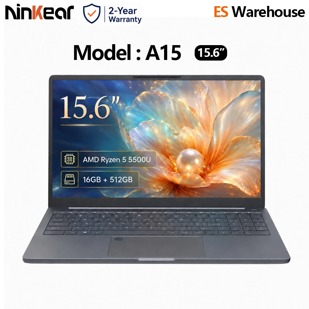 Portátil Ninkear A15 de 15.6 pulgadas FHD IPS AMD Ryzen 5 5500U, 16 GB de RAM, 512 GB de almacenamiento, desbloqueo por huella dactilar, Windows 11 Pro, Notebook para oficina