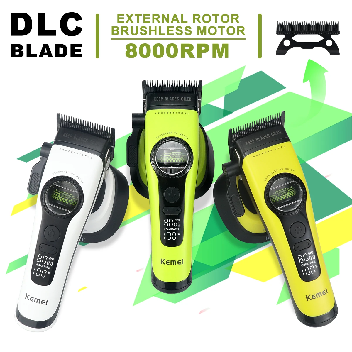 

KEMEI KM-1593 Внешний ротор Бесщеточный двигатель Машинки для стрижки волос Мужчины DLC Лезвие 8000 об/мин Базовое зарядное устройство Профессиональная парикмахерская машина