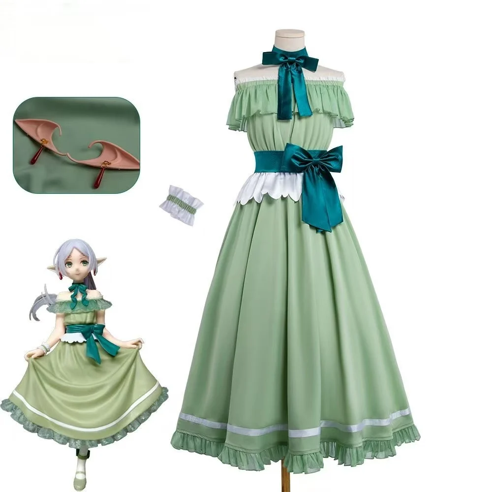 Frieren Cosplay Dress Frieren Green Off Shoulder Long Dress Anime Frieren Beyond Journey's End Elf Costume Women Halloween