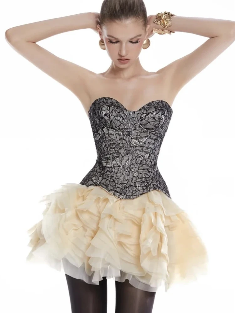 

Women Skirt Two Piece Set Sexy Strapless Lace Lace-up Crop Top + Mini Tierred Skirts Suits Evening Birthday Party Cocktail Set