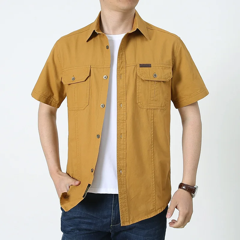 Summer Mens Short Sleeve Cargo Shirt 5XL Plus Size Thin Lapel Cotton Breathable Loose Tops Outdoor Sport Shirt