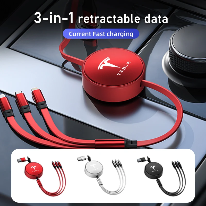 3 in 1 Retractable Car Cable Multi Fast Charger Micro USB For Tesla Model 3 Y S X Roadster Bonina Coil