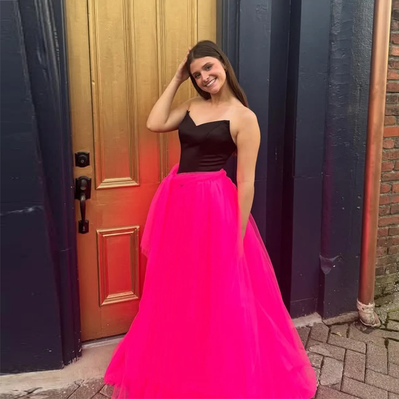 

Black And Fuchsia Sweetheart Prom Dress Tulle A Line Girls Birthday Party Dress Floor Length Formal Party Dress Robe De Soiree