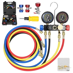 Manifold Gauge Set Air Conditioning Refrigerant Charging Tool 4-Way Dual-Value Pressure Gauge with 5ft Hose Brass Quick Coupler